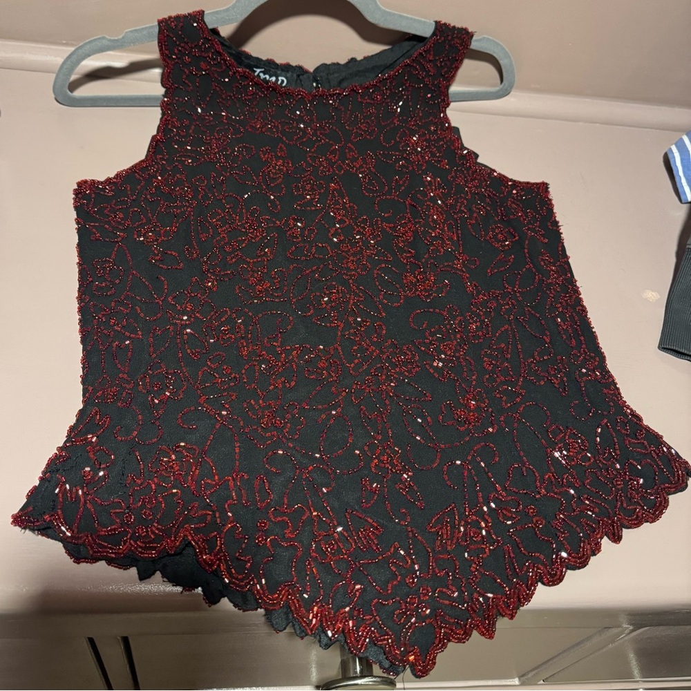 Vintage black blouse with red floral beading zip back- size Small